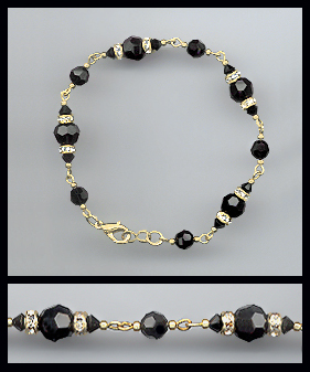 Gold Jet Black Crystal Rondelle Bracelet Earrings Set