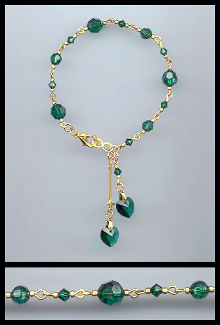 Gold Emerald Green Double Heart Bracelet