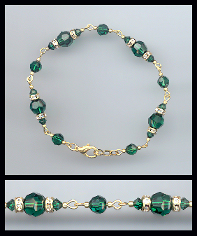 Gold Emerald Green Crystal Rondelle Bracelet Earrings Set