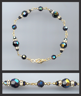 Gold Black Aurora Borealis Crystal Rondelle Bracelet Earrings Set