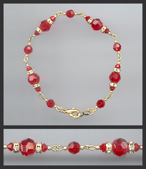 Gold Cherry Red Crystal Rondelle Bracelet Earrings Set