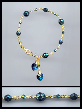 Gold Bermuda Blue Double Crystal Heart Bracelet