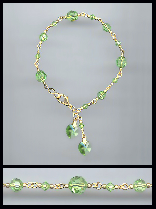 Gold Peridot Green Double Crystal Heart Bracelet