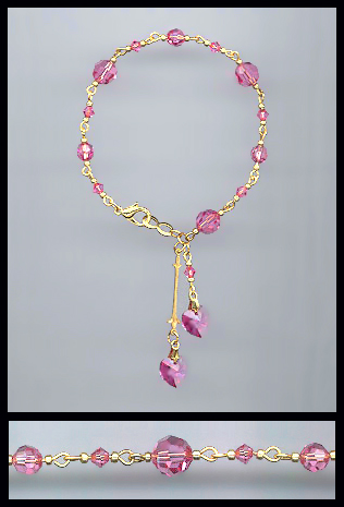 Gold Rose Pink Crystal Heart Bracelet