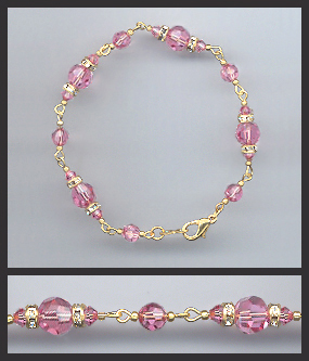 Gold Rose Pink Crystal Rondelle Bracelet Earrings Set