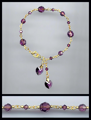 Gold Amethyst Purple Double Crystal Heart Bracelet