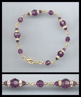 Gold Amethyst Purple Crystal Rondelle Bracelet Earrings Set