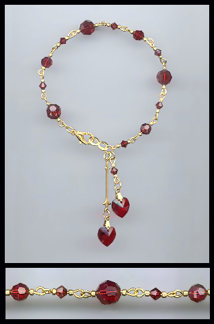Gold Ruby Red Crystal Heart Bracelet