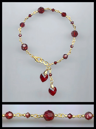 Gold Ruby Red Double Crystal Heart Bracelet