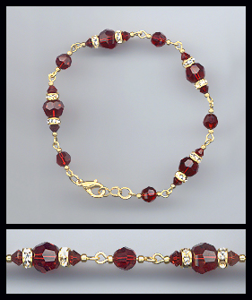 Gold Ruby Red Crystal Rondelle Bracelet Earrings Set