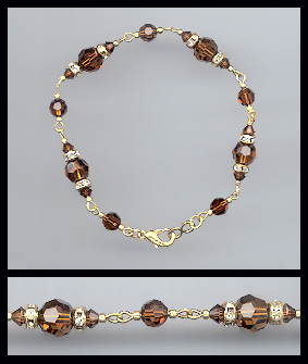 Gold Coffee Brown Crystal Rondelle Bracelet Earrings Set