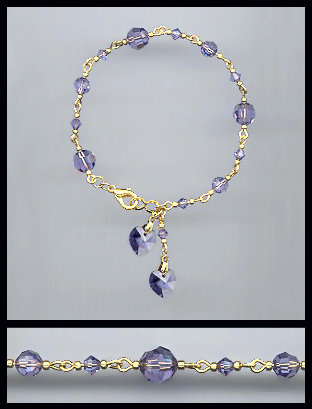 Gold Tanzanite Purple Double Crystal Heart Bracelet