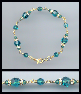 Gold Teal Blue Crystal Rondelle Bracelet Earrings Set