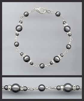 Silver Black Faux Pearl and Rhinestone Anklet