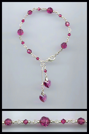 Silver Fuchsia Pink Crystal Heart Bracelet