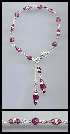 Silver Fuchsia Pink Crystal Rondelle Drop Bracelet