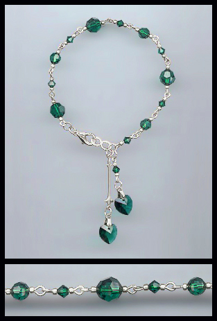 Silver Emerald Green Crystal Heart Bracelet