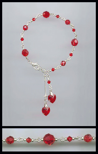 Silver Cherry Red Crystal Heart Anklet