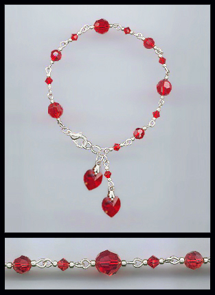 Silver Cherry Red Heart Charm Bracelet