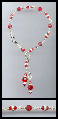 Silver Cherry Red Crystal Rondelle Drop Bracelet