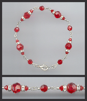 Silver Cherry Red Crystal and Rhinestone Anklet