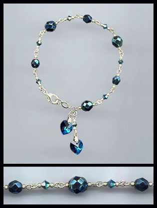 Silver Aquamarine Double Crystal Heart Bracelet