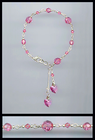 Silver Rose Pink Crystal Heart Bracelet