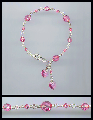 Silver Rose Pink Heart Charm Bracelet