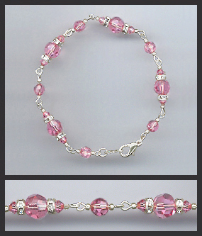 Silver Rose Pink Crystal and Rhinestone Bracelet