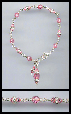 Silver Rose Pink Rondelle Charm Bracelet