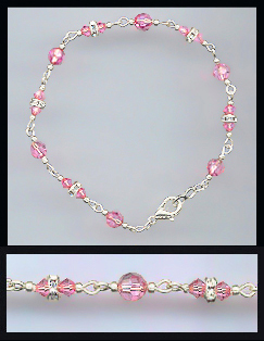 Silver Rose Pink Crystal and Rondelle Bracelet