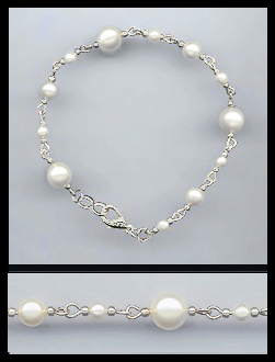 Hand-Linked Silver Cream Faux Pearl Anklet