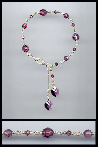 Silver Amethyst Purple Crystal Heart Bracelet