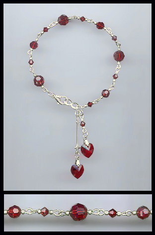 Silver Ruby Red Double Heart Bracelet