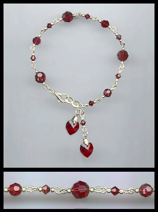 Silver Ruby Red Double Crystal Heart Bracelet