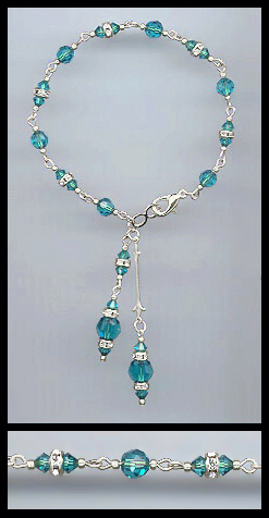 Silver Teal Blue Crystal Rondelle Drop Bracelet