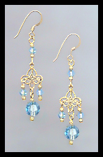 Gold Filigree and Aquamarine Crystal Earrings