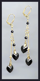 Gold Jet Black Double Crystal Heart Earrings