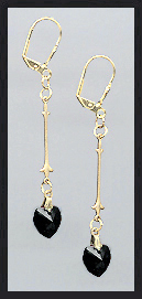 Gold Jet Black Swarovski Crystal Heart Earrings