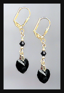 Gold Jet Black Crystal Heart Earrings