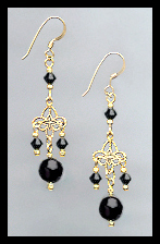Gold Filigree and Jet Black Crystal Earrings