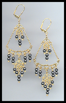 Black Crystal Pearl Chandelier Earrings