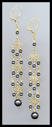 4" Black Crystal Pearl Chandelier Earrings