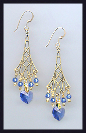 Sapphire Blue Filigree Heart Earrings