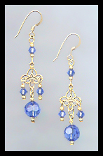 Gold Filigree and Sapphire Blue Crystal Earrings