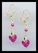 Gold Fuchsia Pink Crystal Heart Earrings