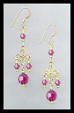 Gold Filigree and Fuchsia Pink Crystal Earrings