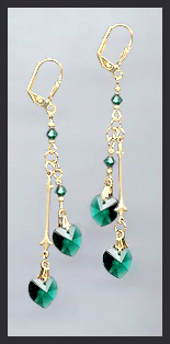 Gold Emerald Green Double Crystal Heart Earrings