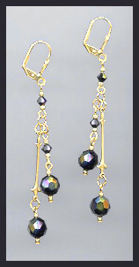 Gold Black Aurora Borealis Crystal Drop Earrings