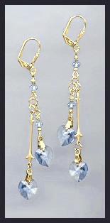 Gold Light Blue Double Crystal Heart Earrings